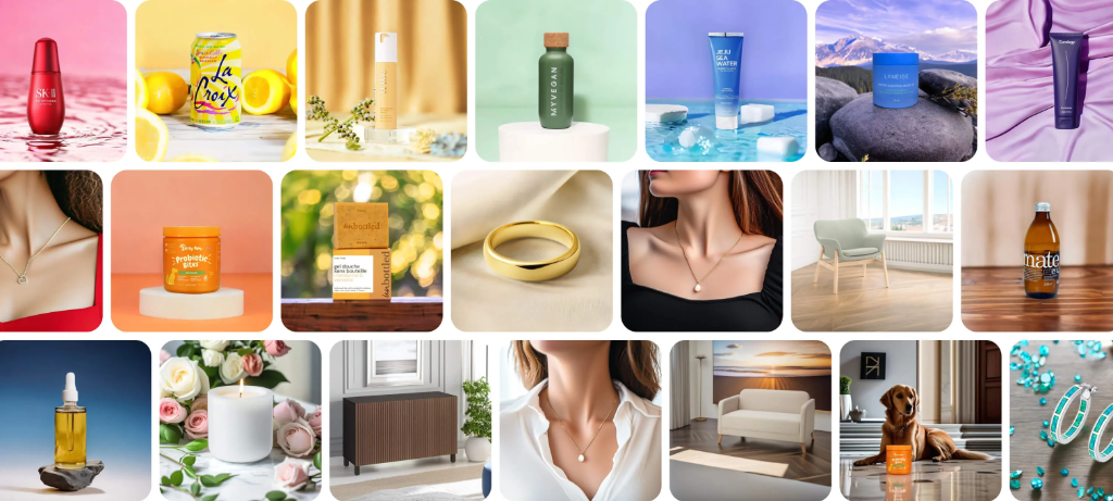 Grid of AI-generated product images on brand-consistent backgrounds