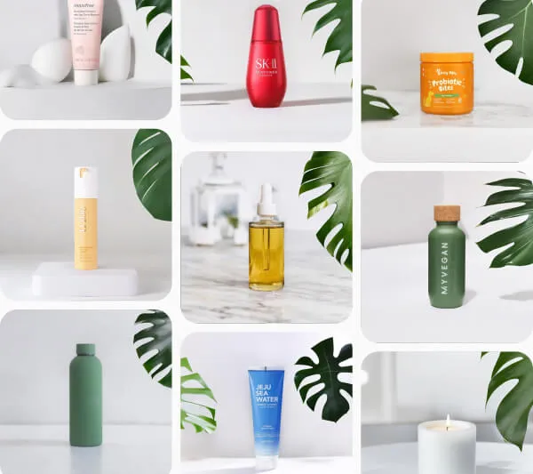 Grid of different products rendered in a uniform minimal studio setting with monstera leaves